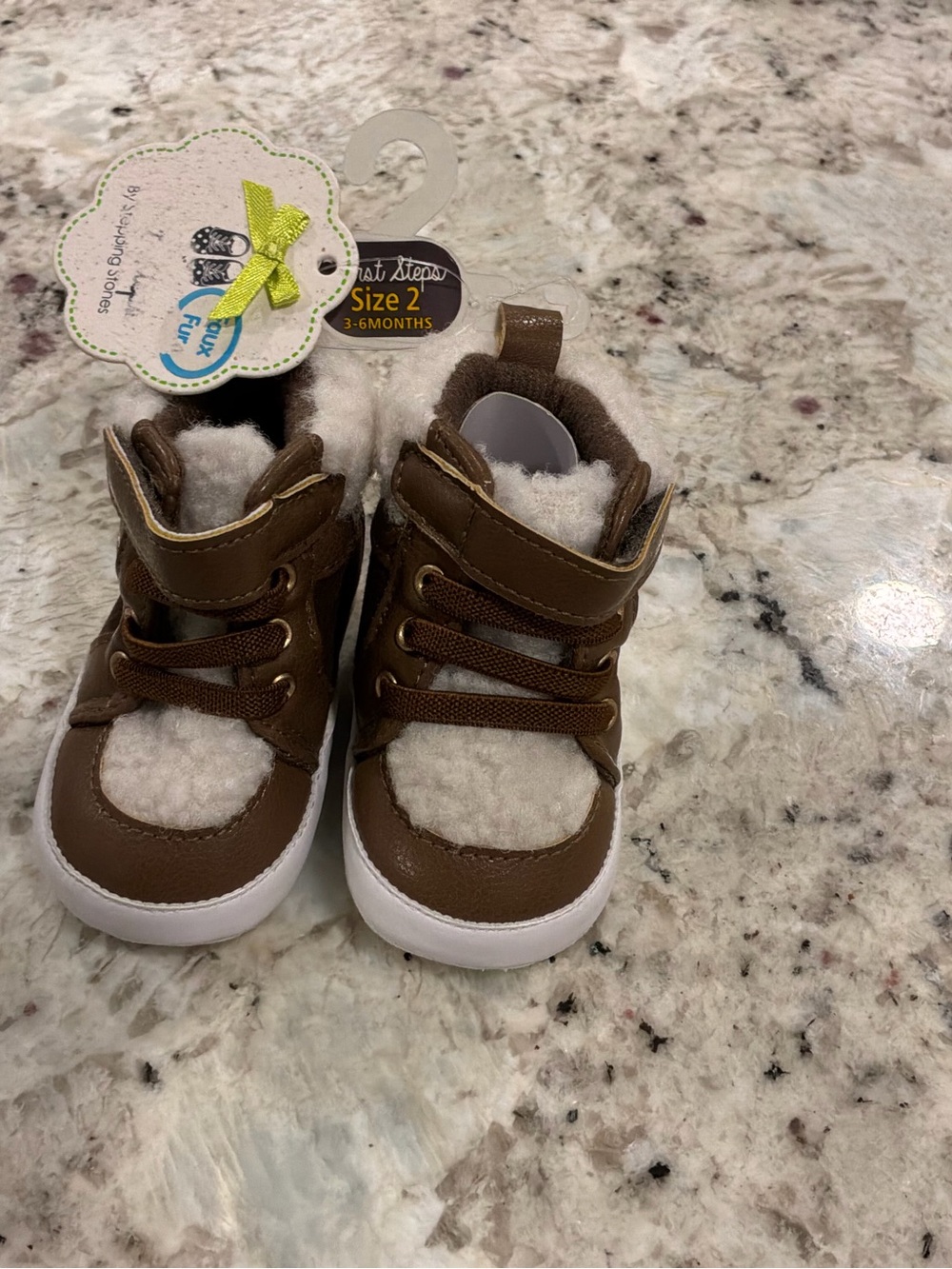 Brown Faux-Shearling Baby Walker Shoes with Hook-and-Loop Strap